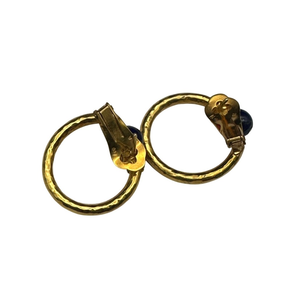 Vintage Etruscan Revival 18K 750 Gold Lapis Lazuli Blue Hoop Earrings Ornate - Picture 6 of 10